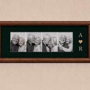 May include: A rectangular wooden picture frame with a dark green velvet matting. The frame displays four black and white photographs of an older couple in various poses. To the right of the photos, the gold letters A and R flank a gold heart.