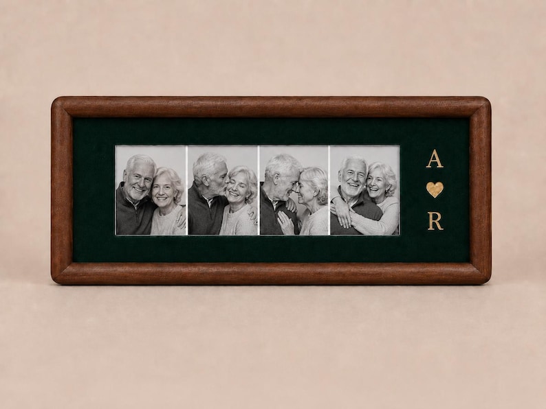 May include: A rectangular wooden picture frame with a dark green velvet matting. The frame displays four black and white photographs of an older couple in various poses. To the right of the photos, the gold letters A and R flank a gold heart.