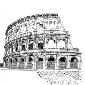 Acuarela de Roma, Italia. Arte digital imprimible. Boceto del Coliseo.