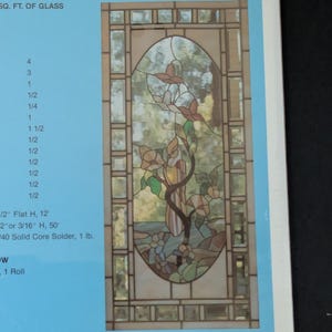 May include: A rectangular stained glass panel featuring an oval center design with a floral motif in shades of brown, green, and cream. The border consists of clear rectangular glass pieces. The panel is displayed on a light blue background with text.