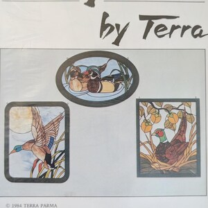May include: Three stained glass art pieces by Terra. One oval frame shows two ducks on water. One square frame shows a duck in flight against a moon. One rectangular frame shows a pheasant among orange fruit and branches. Text reads by Terra.