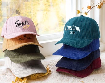 Gorra de pana personalizada con texto/logotipo bordado. Gorra de béisbol de pana hecha a mano para hombre/mujer. Gorro de invierno de pana. Regalo para él/ella.