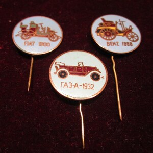 Very old set of 3 pins &quot; Car History &quot;  made in USSR (CCCP)
