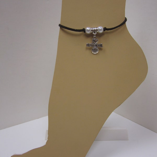Leather Lace Cord Anklet Bracelet With Sporty Charm ( I Love Basketball ) and Beads