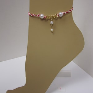 Red and White Striped Baker Twine Cord ( 1 mm ) Anklet Bracelet With Chains and Beads