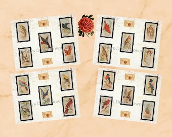 Sellos de aves vintage imprimibles - Efímeras para diarios basura (descarga digital)