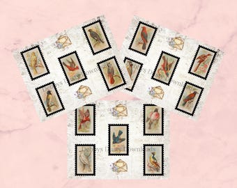 Sellos de aves vintage imprimibles – Set de efímeras, diario basura (descarga digital)