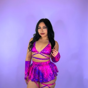 Cheshire Chic 3 PC Top Rock & Beinwickel Set - Ravewear Outfit, Rave Kleidung, Festival Frauen Outfit, Flasche Mädchen, Exotische Tanzkleidung