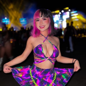 Skylight 3 PC Top Rock & Beinwickel Set - Ravewear Outfit, Rave Kleidung, Festival Frauen Outfit, Flasche Mädchen, Exotische Tanzkleidung