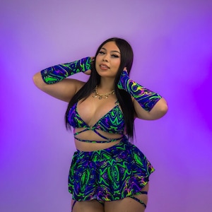 Cosmic Swirl 3 PC Top Rock & Beinwickel Set - Ravewear Outfit, Rave Kleidung, Festival Frauen Outfit, Flaschenmädchen, Exotische Tanzkleidung