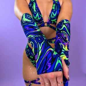 Cosmic Swirl Handschuhe Set - Ravewear Outfit, Rave Kleidung, Festival Frauen Outfit, Flasche Mädchen, Rave Handschuhe, Festival Handschuhe, Exotische Tanzkleidung