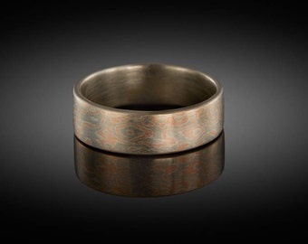 Mokume gane wedding band in white gold and rose gold 14k