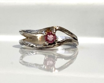 Silver twig solitaire ring with pink sapphire ready to ship size 7 3/4