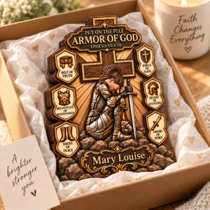 May include: A wooden wall plaque titled Put on the Full Armor of God Ephesians 6:10, featuring a kneeling knight with a sword, surrounded by six shield-shaped icons labeled Belt of Truth, Shield of Faith, Breastplate of Righteousness, Helmet of Salvation, and Sword of Spirit, with the name Mary Louise at the base.