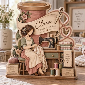 May include: A wooden decorative display featuring a person sewing at a desk with a large thread spool background. Text reads: Clara Threads of Her Story, Sew, Small Stitches Brighter Days, Fabric Ideas A Kinder Tomorrow, and Create Mend Repeat.