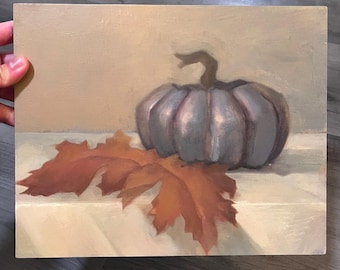 Pumpkin and Leaves Still Life - Oil Painting (NOT VARNISHED)