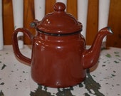 Small enamelware teapot - vintage enamel burgundy brown