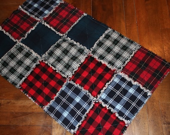 Handmade rag quilt flannel plaid table topper primitive style