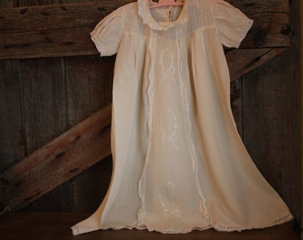 Vintage silky baby dress with lace and embroidered