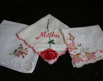 Hankie pink theme handkerchief x 3 vintage and FREE shipping