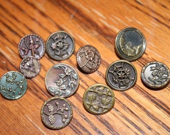 Lot of 11 brass metal picture buttons assorted antique vintage