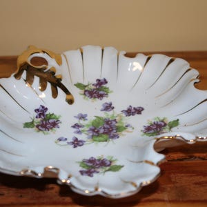 Purple violets Lefton handled dish vintage with gold accents - flowers FREE SHIPPING