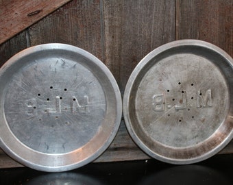 2 x tin pie plate vintage pair - metal M L B kitchen tinware baking