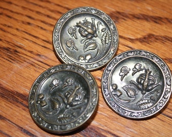 3 x brass metal picture buttons large Bird and Butterflies antique