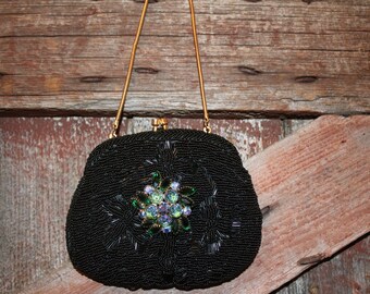 Black beaded purse with brooch pin and gold tone chain handle vintage