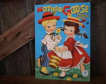 Mother Goose vintage linen book childrens nursery rhyme large size EXCELLENT condition Merrill