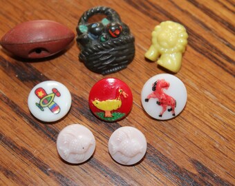 Vintage glass and plastic buttons x 8 antique assorted children's horse duck etc