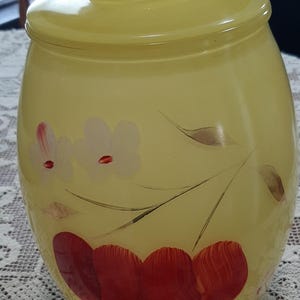 Vintage glass cookie jar Bartlett Collins yellow hand painted Apples and Flowers - FREE SHIPPING