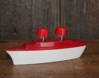 Vintage ship salt and pepper shakers - red white plastic three piece ocean liner set
