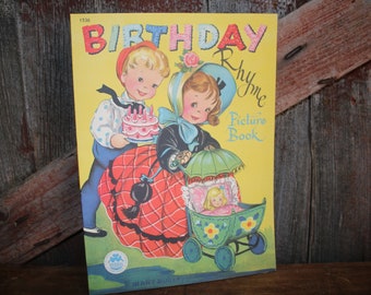 Birthday Rhyme vintage linen book childrens  large size EXCELLENT condition Merrill child