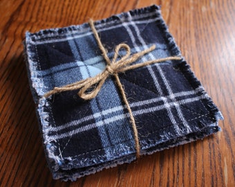 Rag coasters x 4 - handmade rag quilt coasters blue plaid flannel