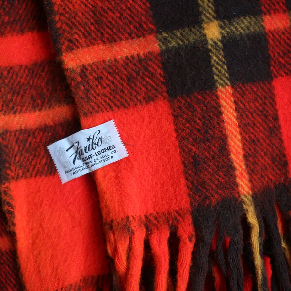 Vintage Faribo Plaid Throw blanket with fringe vibrant color plaid by Faribault Woolen Mills