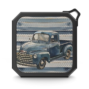 Minialtavoz portátil vintage azul para exteriores, compacto, resistente al agua, con Bluetooth y clip, ideal para viajes, música, camping, playa y exteriores.