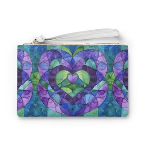 Bolsa de pulso de couro vegano com estampa de coração violeta, bolsa de presente feminina, tamanho aprovado para estádio, carteira clutch, bolsa de noite