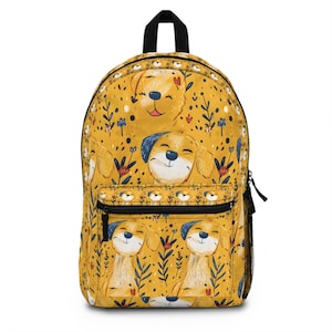 Cute Doggy Art Print Lightweight Mustard Yellow Backpack Durable Waterproof Overnight Bag Teen Travel Back Pack Women Gift Men Dog Cartoon
