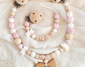 Personalized pacifier chain and stroller chain set for girls with pink and white flowers, personalized with name, gift set for birth and christening.
