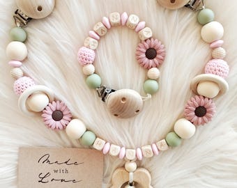 Schnullerkette Kinderwagenkette Set Mädchen mit Blumen rosa und grün personalisiert für Mädchen mit Name, Geschenk Set zur Geburt Taufe