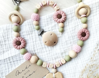 Schnullerkette Kinderwagenkette Set Mädchen mit Blumen rosa und grün personalisiert für Mädchen mit Name, Geschenk Set zur Geburt Taufe