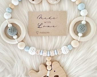 Blue and white pram chain with koala for boys and girls, personalized with name. Blue pram chain with koala design, pram chain for boys.