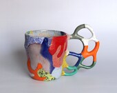 Ceramic Mug / Speckled Abstract Ceramic Coffee Cup / Colorful Handmade Pottery / Ceramic Tea Mug with Organic Sculptural Handle