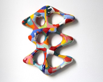 Ceramic Sculpture / Colorful Stoneware Relief Sculpture / Organic Wall Art with Colorful Abstract Shape Design