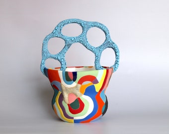 Ceramic Vessel / Colorful Abstract Stoneware Planter / Handmade Clay Pottery with Abstract Design