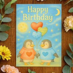 Cartão de Feliz Aniversário para Casal de Pinguins - Balões de Coração - Tema de Amor - Cartão Doce Ilustrado - Perfeito para Parceiros - Amigos e Família