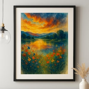 Watercolor Sunset Lake Art Print - Wildflower Lake Wall Art, Colorful Nature Scene, Instant Digital Download
