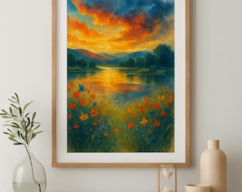 Watercolor Sunset Lake Print – Wildflower Landscape Art (Digital Download)