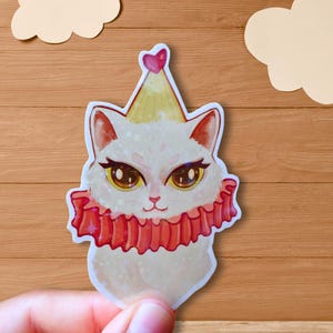 Adesivo holográfico de vinil com gato palhaço fofo - Adesivos à prova d'água para planejadores, diários, álbuns de recortes, garrafas de água, espelhos